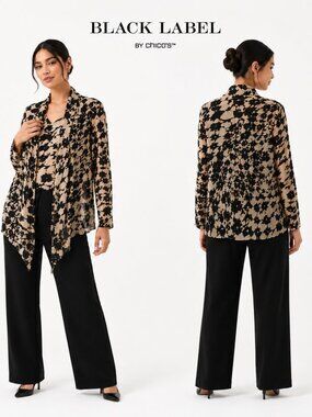 Black Label by Chicos Chiffon Drape Bow Top Tan Black Abstract Floral XS, fits S
